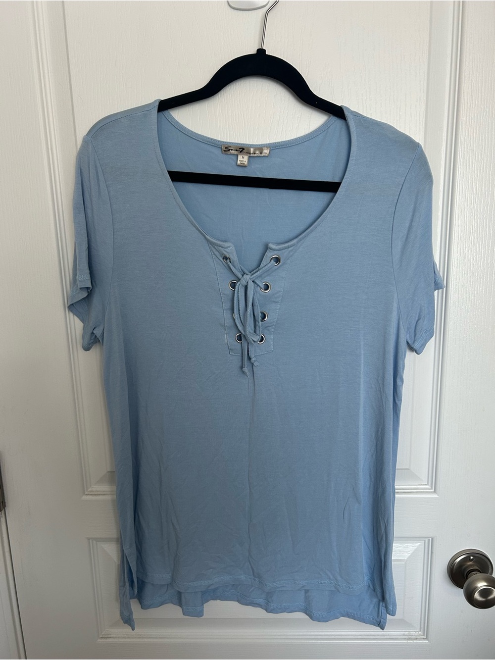 Seven7 Light Blue Lace-Up Scoop Neck Short Sleeve Top